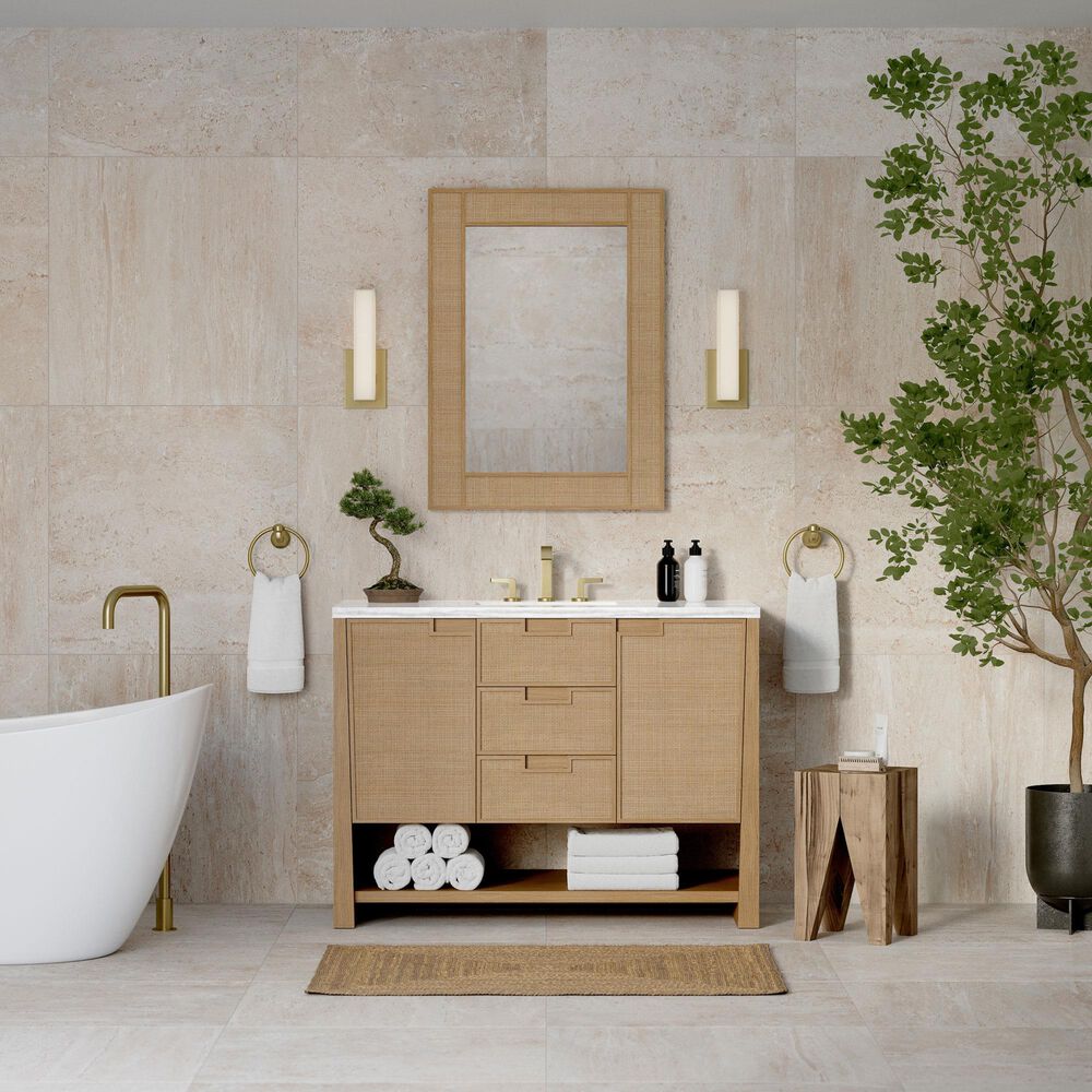 James Martin Vanities Solene 48&quot; Single Bathroom Vanity in Seaside Oak with 3 cm Arctic Fall Solid Surface Top and Rectangular Sink, , large