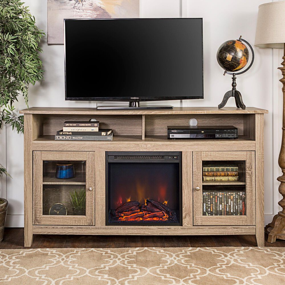 Walker Edison Wasatch 58&quot; Fireplace Glass Wood TV Stand in Driftwood, , large