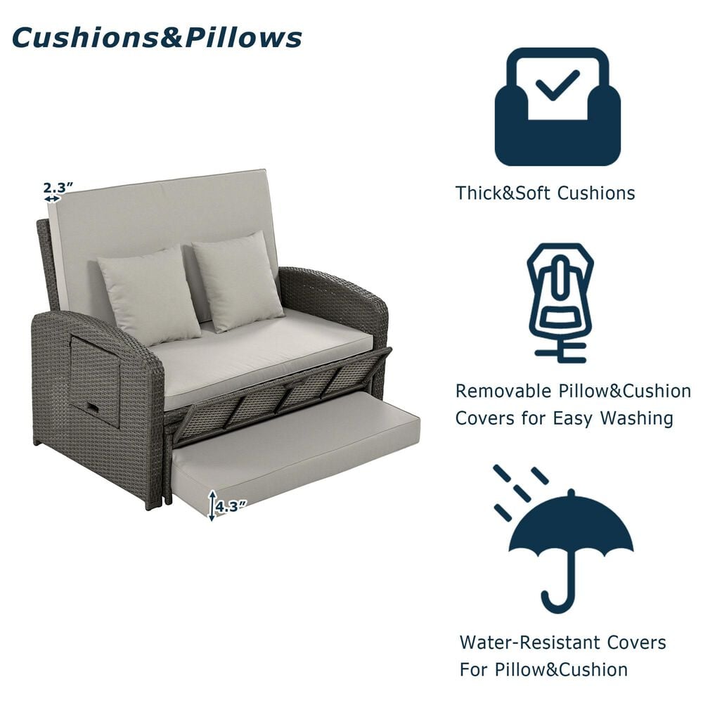 HOMLUX Wicker Rattan Double Chaise Lounge in Grey, , large