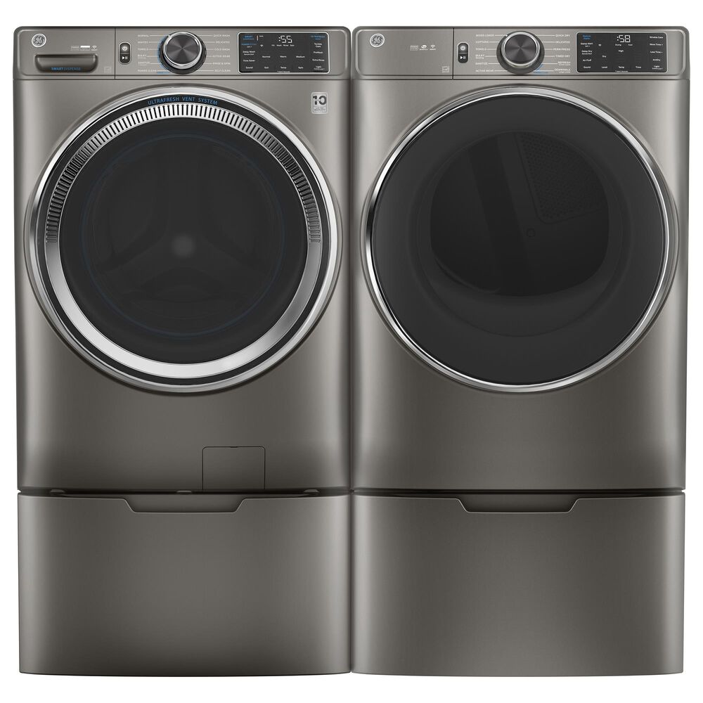 GE Appliances 4.8 Cu. Ft. Front Load Washer and 7.8 Cu. Ft. Electric Dryer with Pedestal Laundry Pair in Satin Nickel, , large