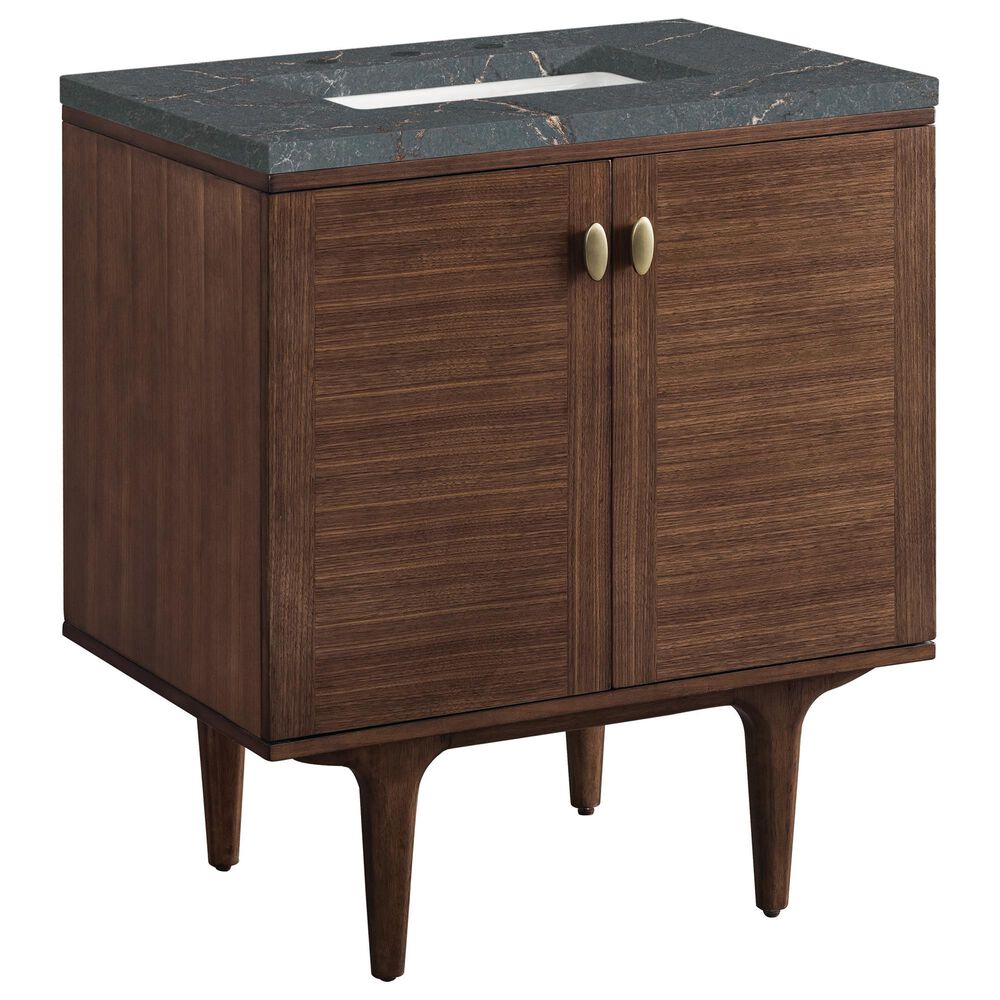 James Martin Vanities Amberly 30" Single Bathroom Vanity in Mid-Century Walnut with 3 cm Parisien Bleu Quartz Top and Rectangular Sink, , large