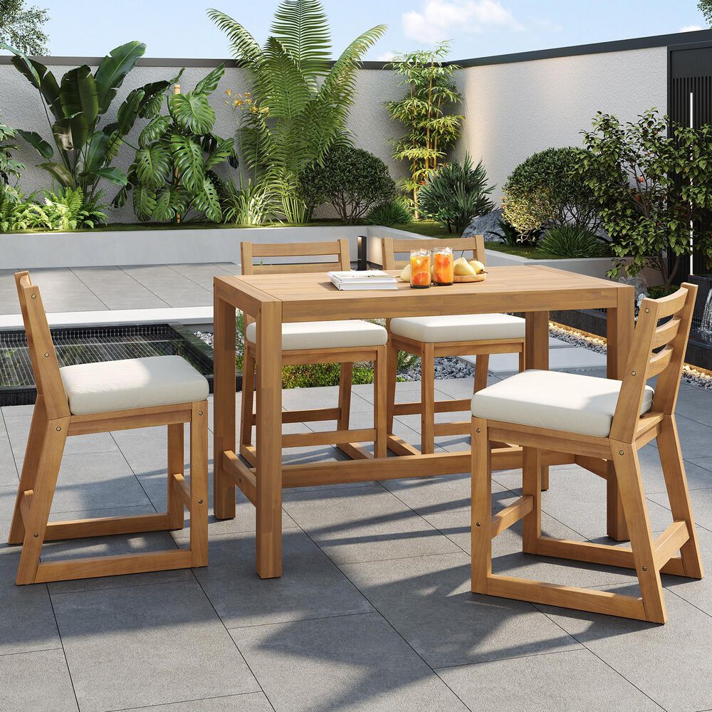 HOMLUX 5-Piece Patio Bar Set with 52" Rectangular Light Teak Table in Beige, , large