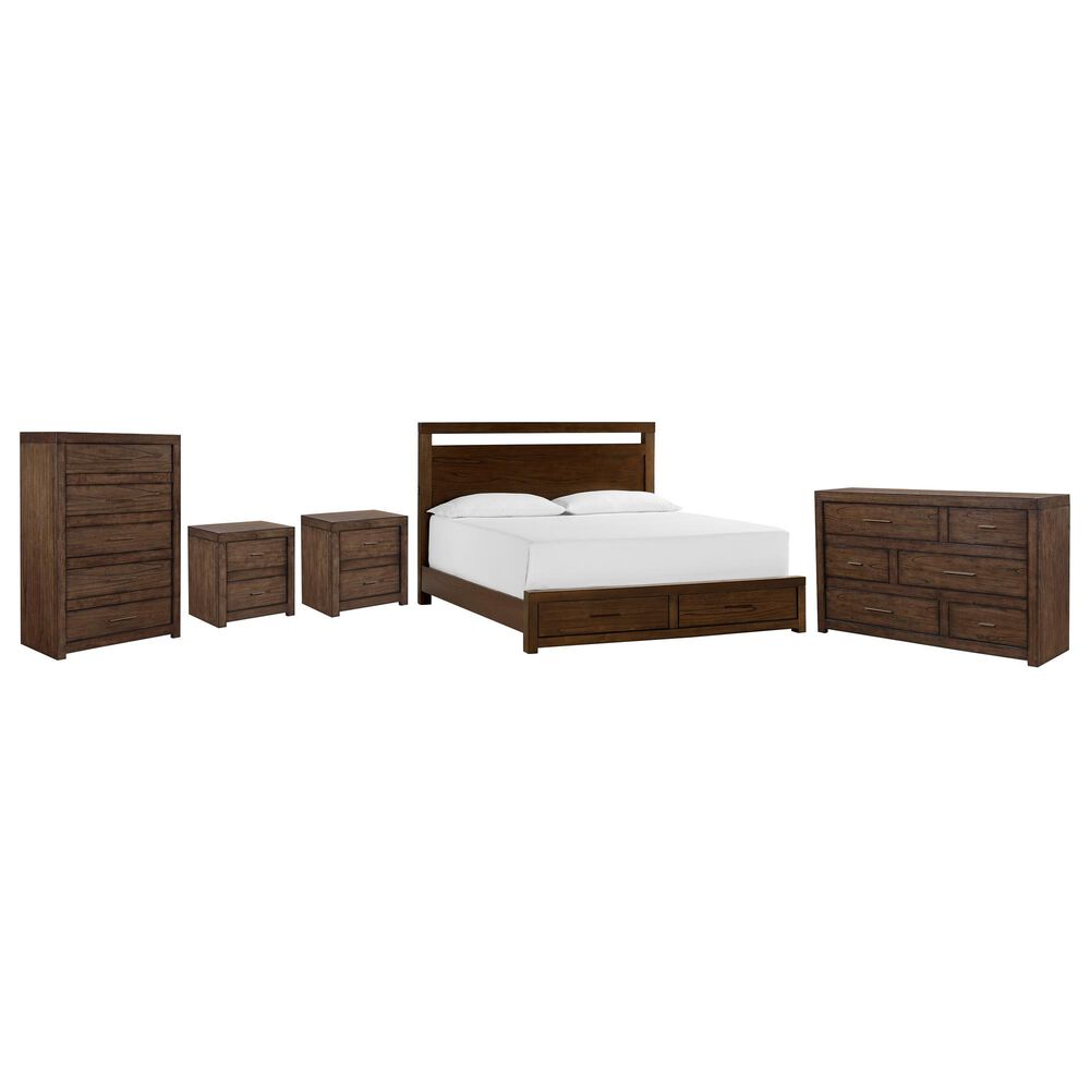 Riva Ridge Modern Loft King Storage Panel Bed with Dresser, Chest, and Two Nightstands in Brownstone, , large