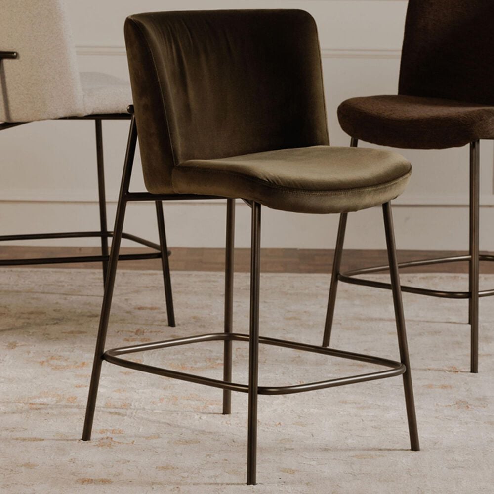 Moe's Home Collection Early Counter Stool with Faux Green Mohair Upholstery in Blackened Bronze, , large