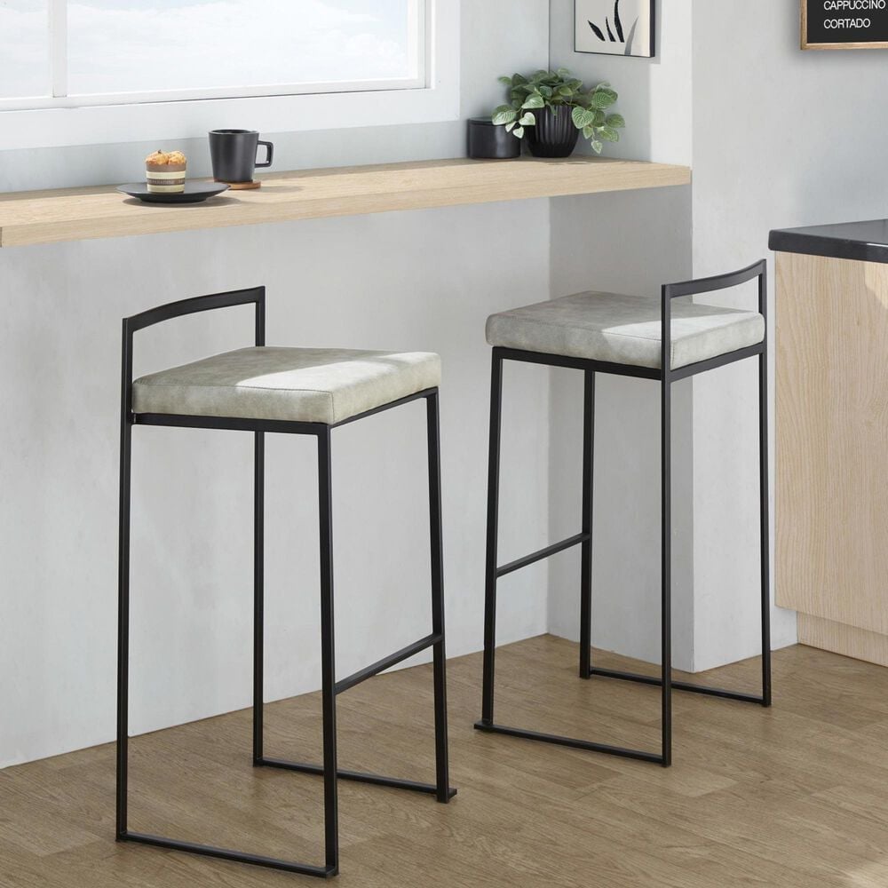 LumiSource Fuji 34" Stacker Bar Stool with Light Grey Cowboy Upholstery in Black (Set of 2), , large