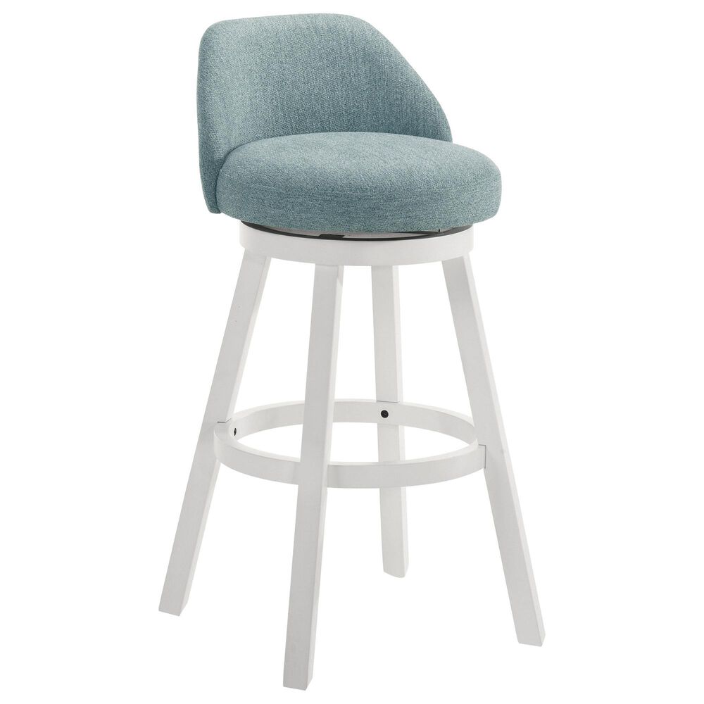 Armen Living Erika Swivel Bar Height Stool with Light Blue Upholstery in White, , large