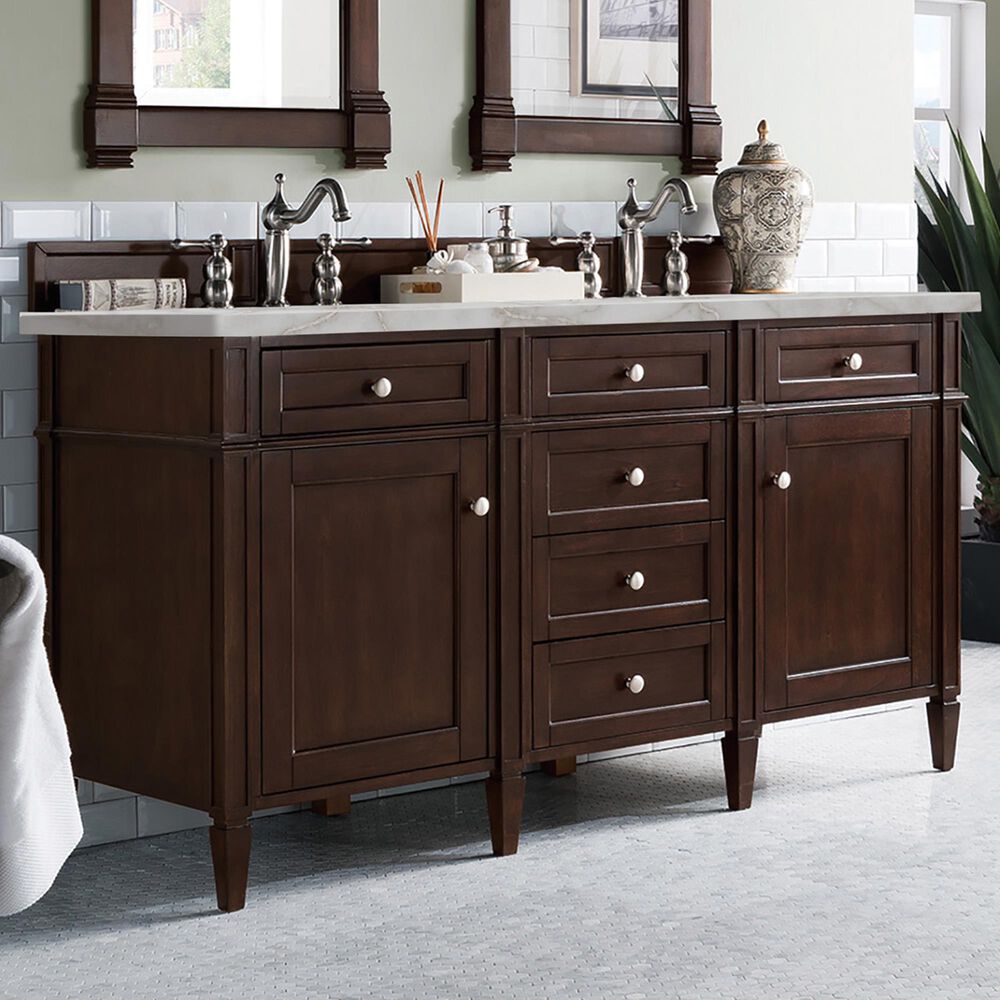 James Martin Vanities Brittany 60" Double Bathroom Vanity in Burnished Mahogany with 3 cm Eternal Jasmine Pearl Silestone Top, Rectangular Sinks and FreePower Wireless Charger, , large