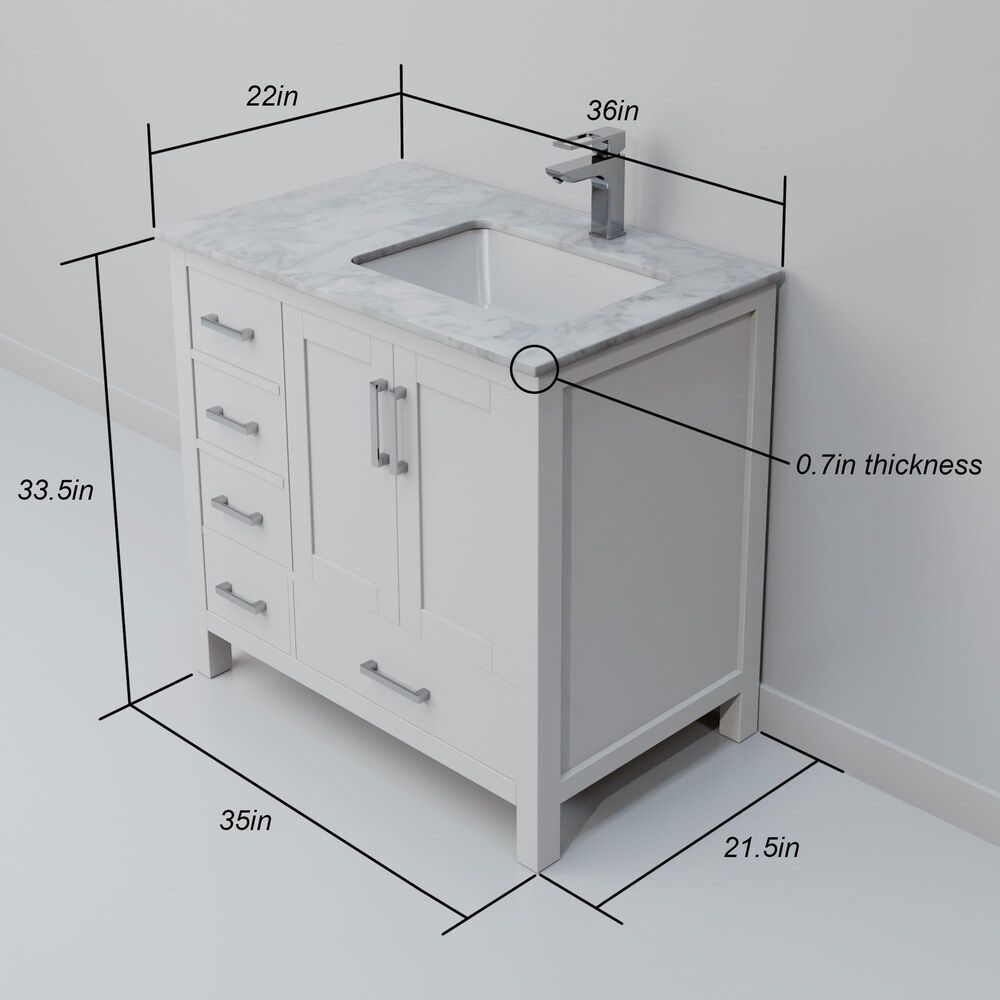 Lexora Home Jacques 36&quot; Right Offset Single Bathroom Vanity in White with 2 cm White Carrara Marble Top and Rectangular Sink, , large