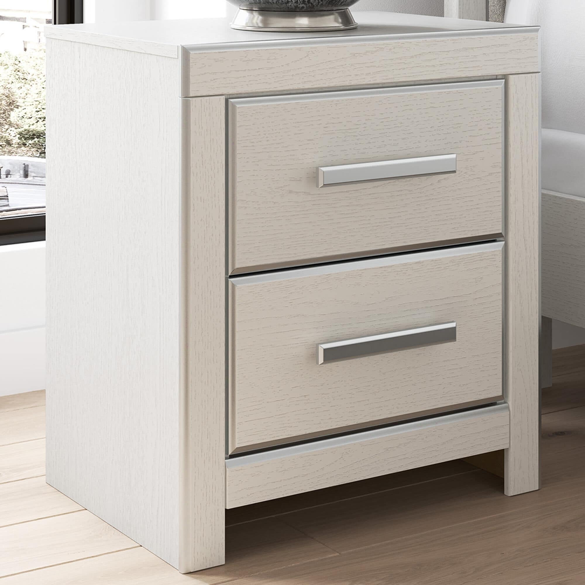 Ashley Zuraleus 2-Drawer Night Stand in Matte White and Chrome