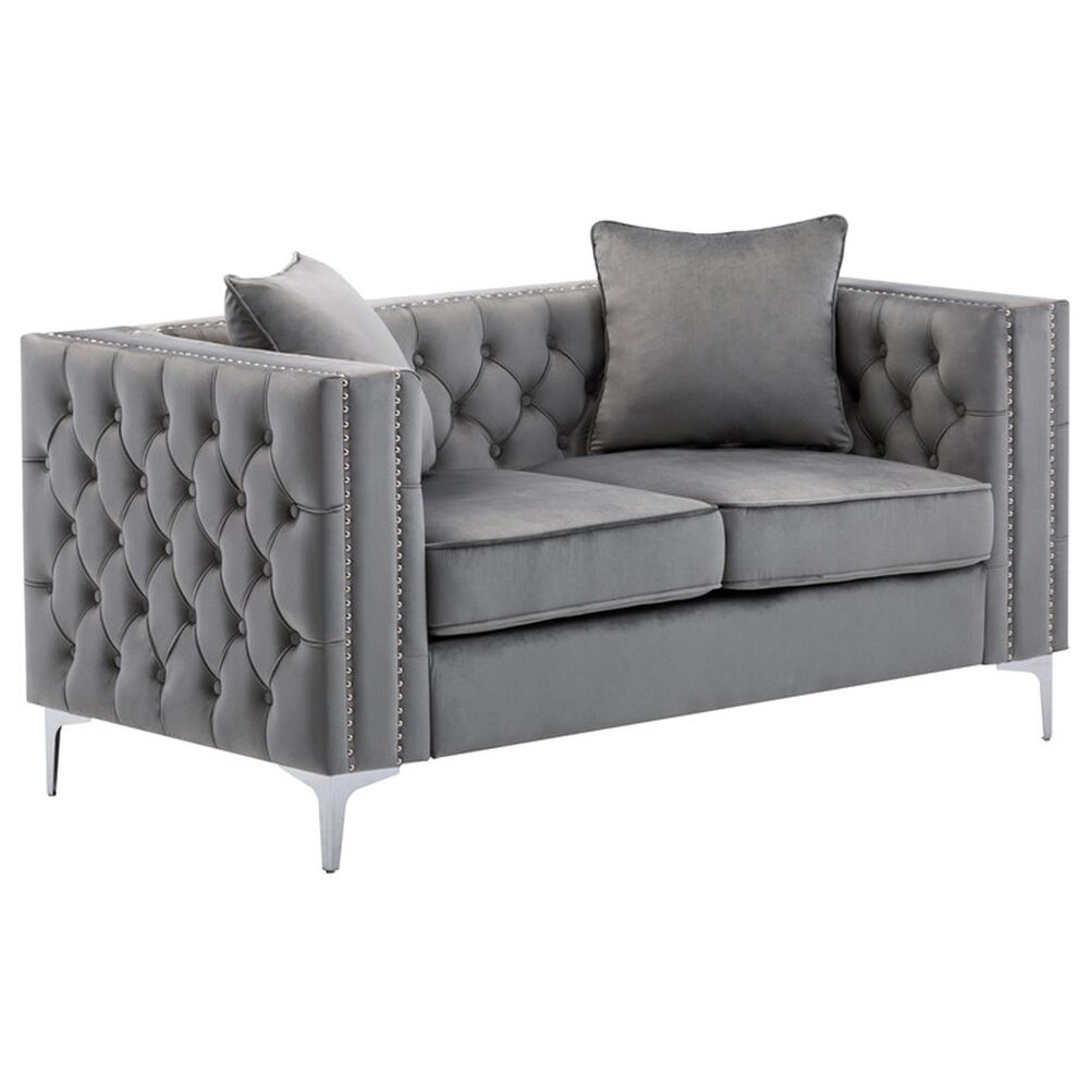 HOMLUX 63"W Transitional Velvet Loveseat with Button Tufting and Nailhead Trim in Grey, , large