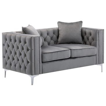 HOMLUX 63"W Transitional Velvet Loveseat with Button Tufting and Nailhead Trim in Grey, , large