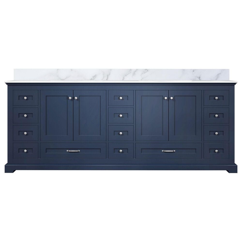 Lexora Home Dukes 84&quot; Double Bathroom Vanity in Navy Blue with 2 cm White Carrara Marble Top and Rectangular Sinks, , large