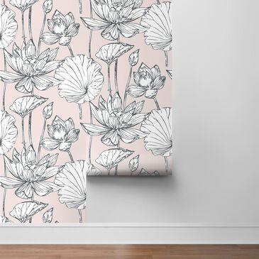 NextWall Lotus Floral 216" x 20.5" Peel and Stick Wallpaper in Blush and Ebony, , large