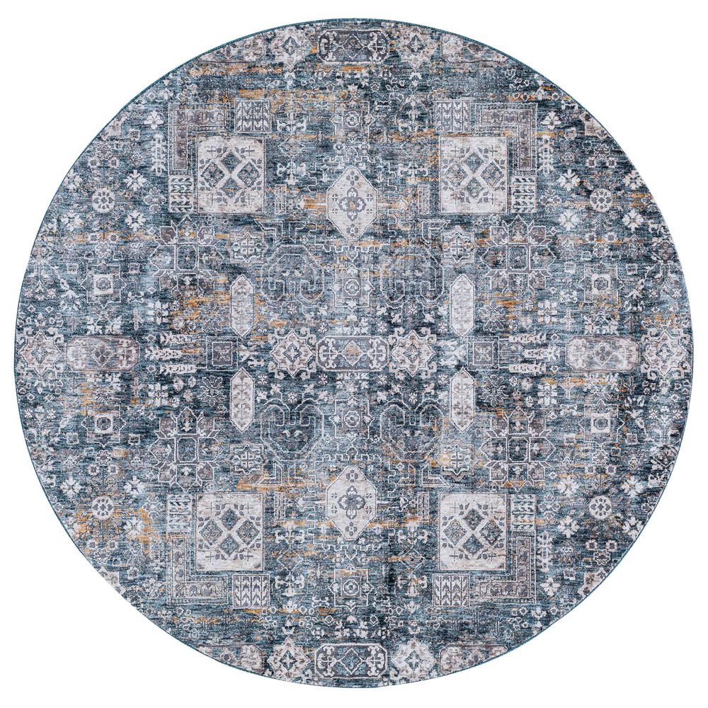 Surya Cardiff CDF-2309 Blue, Deep Teal, Medium Gray, Light Gray, Camel and Charcoal 5'3" Round Area Rug, , large