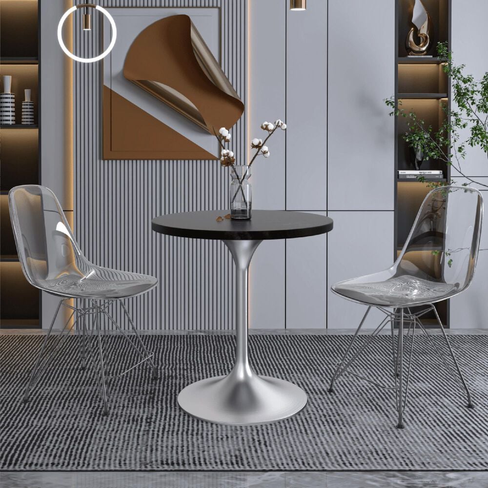Leisuremod LeisureMod Verve Collection 27 Round Dining Table, Brushed Chrome Base with Black MDF Top, , large
