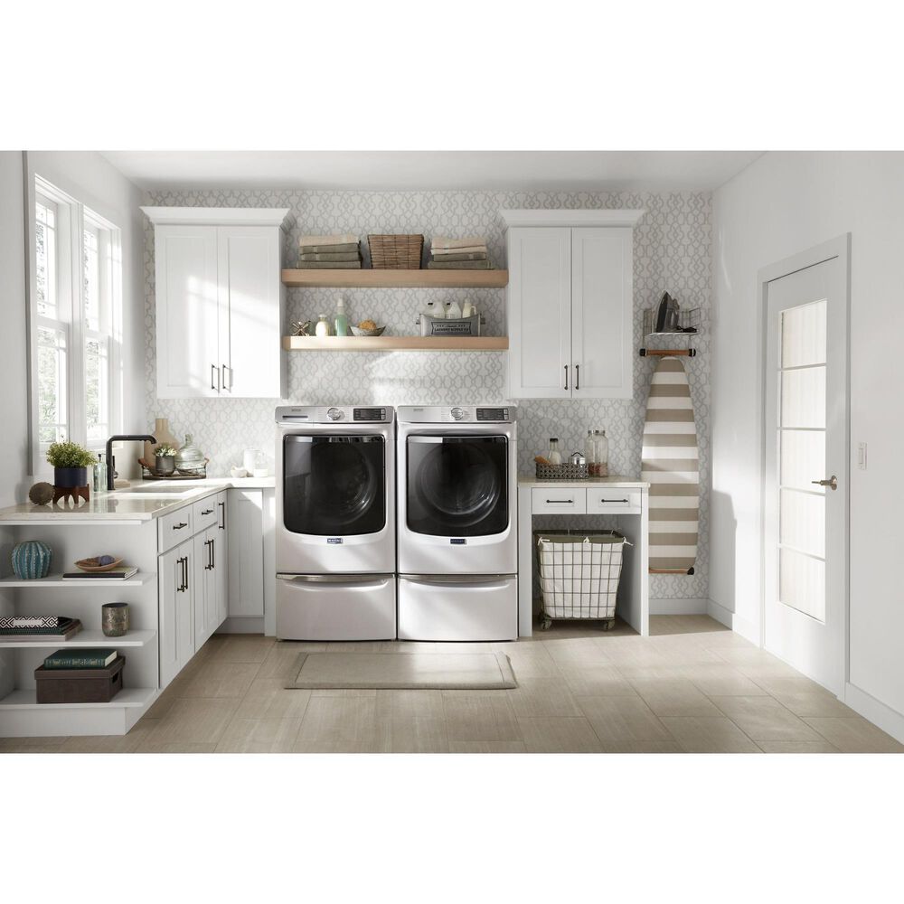 Maytag 5 Cu. Ft. Front Load Washer and 7.3 Cu. Ft. Gas Dryer Laundry Pair with Pedestal in White, , large