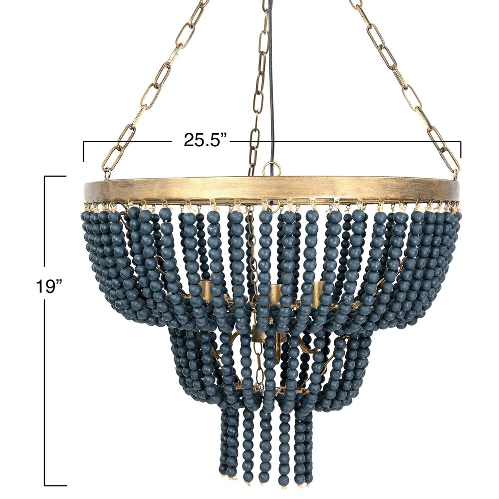 Creative Coop Laurel 2-Tier Draped Wood Bead Chandelier with Gold and Navy Blue Shade, , large