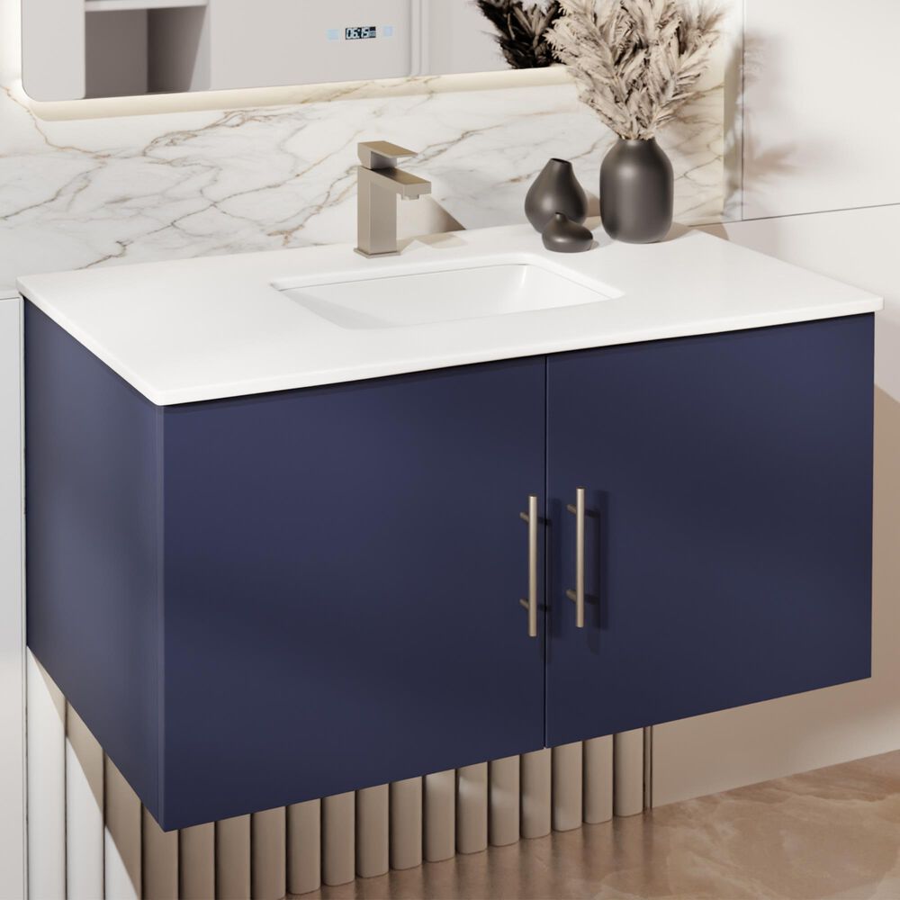 Lexora Home Geneva 36" Single Bathroom Vanity in Navy Blue with 2 cm White Cultured Marble Top and Rectangular Sink, , large