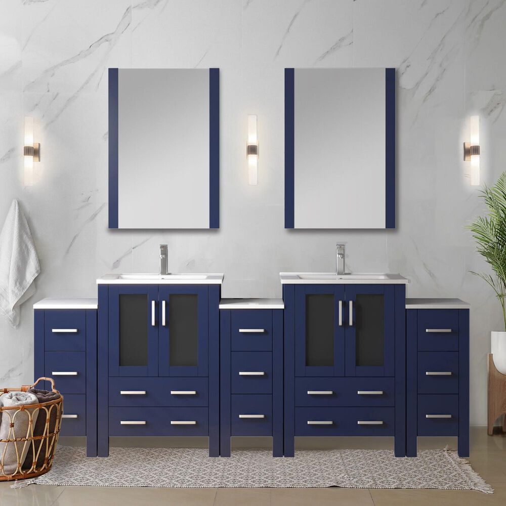 Lexora Home Volez 84&quot; Double Bathroom Vanity in Navy Blue with White Ceramic Top and Rectangular Sinks, , large