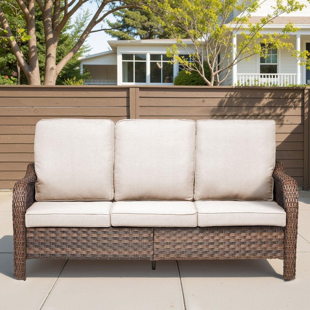 Hearth and Haven Outdoor PE Wicker Sofa with Deep Seat Cushions in Beige, , large