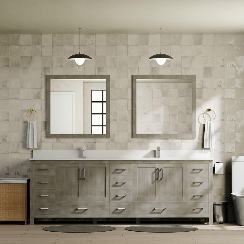 Lexora Home Jacques 84&quot; Double Bathroom Vanity in Distressed Grey with 2 cm White Quartz Top and Rectangular Sinks, , large
