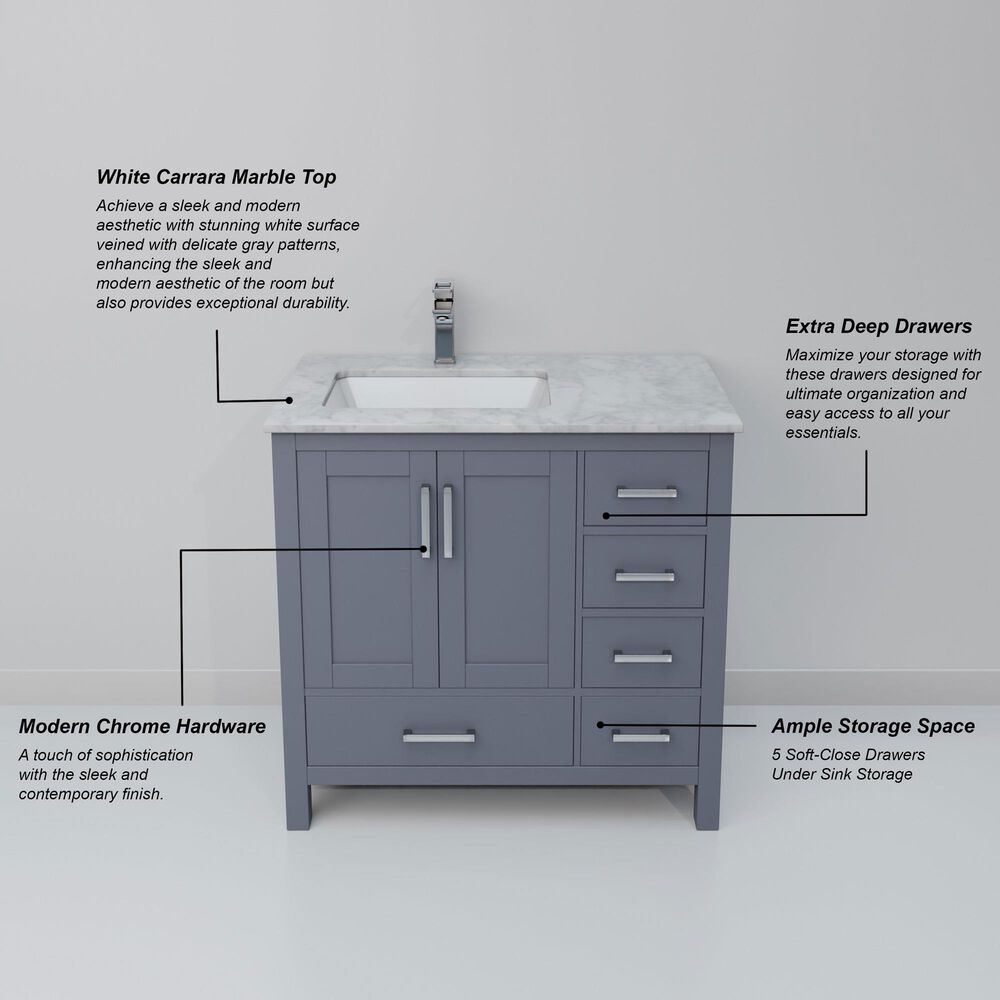 Lexora Home Jacques 36" Left Offset Single Bathroom Vanity in Dark Grey with 2 cm White Carrara Marble Top and Rectangular Sink, , large