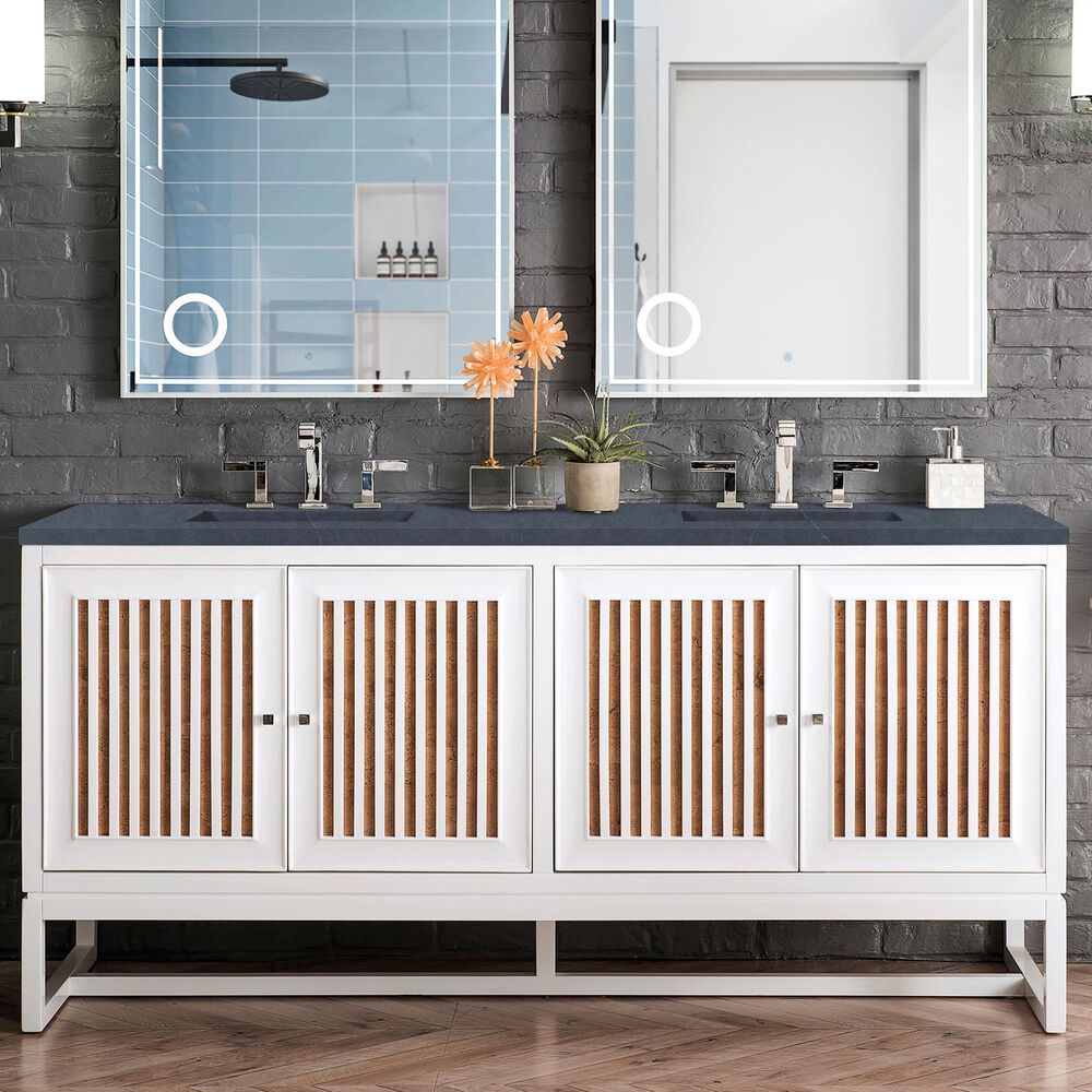 James Martin Vanities Athens 72&quot; Double Bathroom Vanity in Glossy White with 3 cm Charcoal Soapstone Quartz Top and Rectangular Sinks, , large