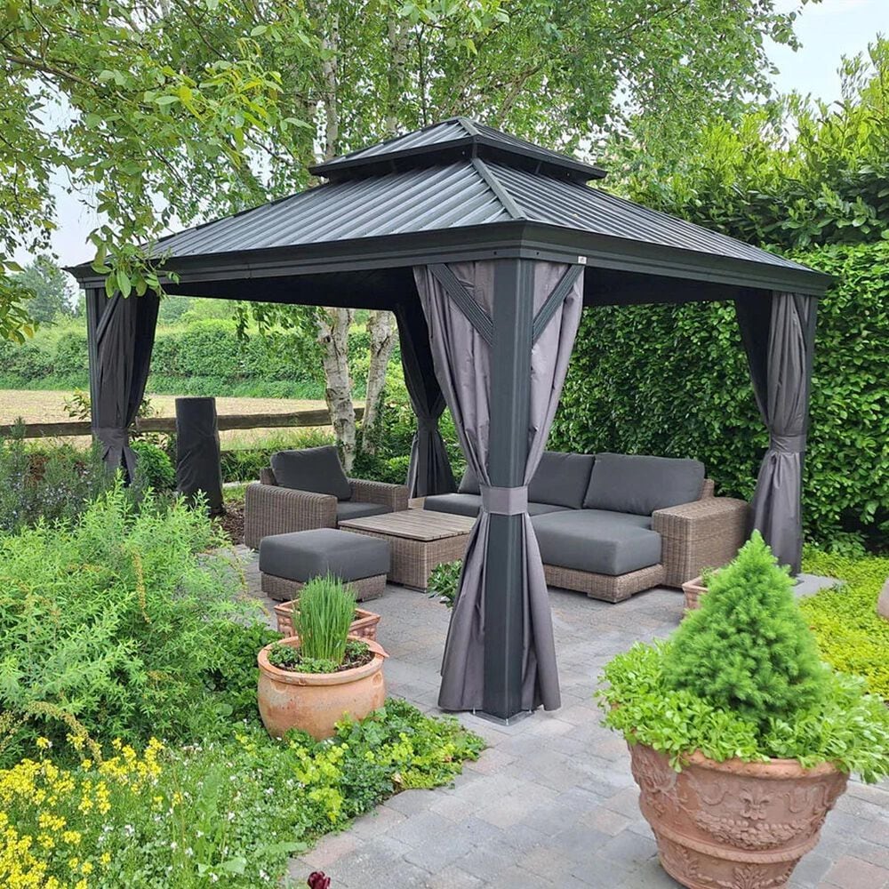 HOMLUX 12-ft x 12-ft Permanent Hardtop Gazebo Gray Gazebo with Hardtop Roof (Screen Included), , large