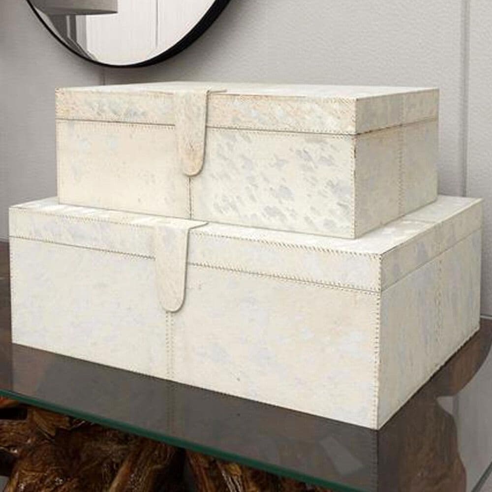 Maple and Jade 2-Piece Handmade Cowhide Storage Decorative Box Set in Silver, , large