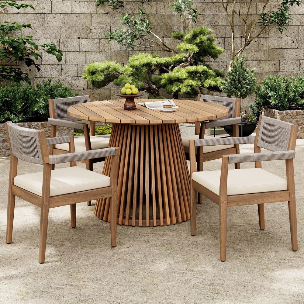 Hearth and Haven 5-Piece Outdoor Dining Set with Cream Cushion in Light Teak, , large