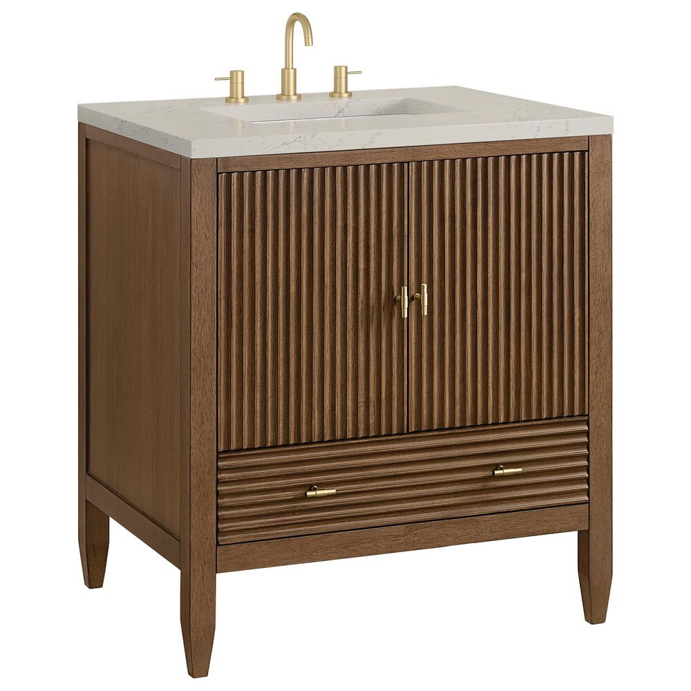 James Martin Myrrin 30" Single Bathroom Vanity in Mid-Century Walnut with 3 cm Siberian Silestone Top and Rectangular Sink, , large