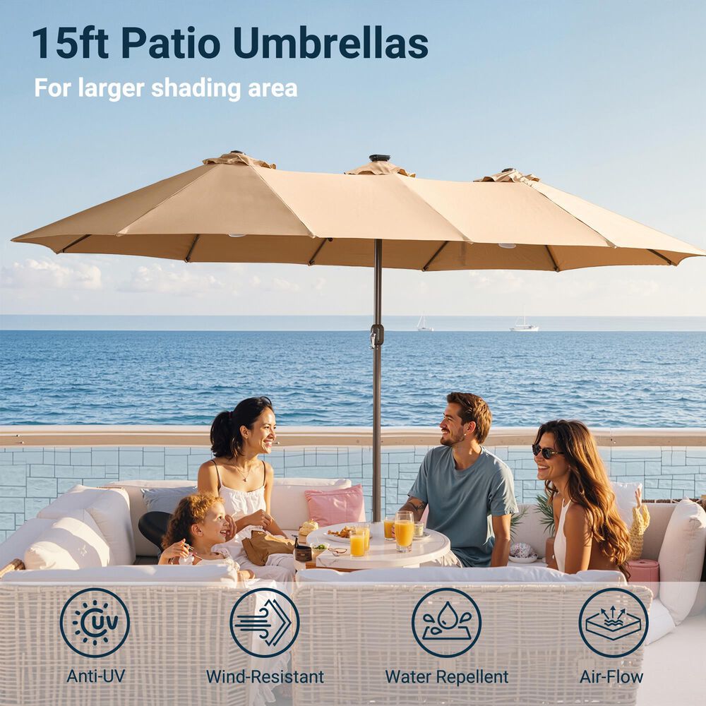 HOMLUX 15' Outdoor Market Umbrella with Sandbags Base and LED Lights in Khaki, , large