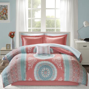 Hampton Park Loretta Coral Boho Twin Comforter Set with Bed Sheets in Coral, , large