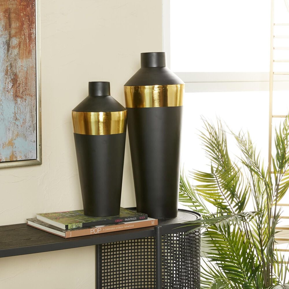 Maple and Jade 2-Piece Iron Decorative Vase Set in Matte Black and Gold, , large