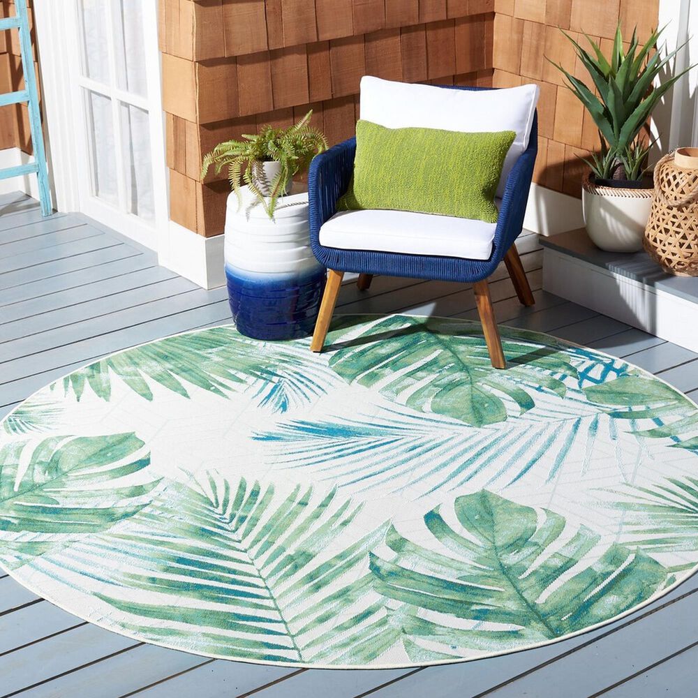 Safavieh Barbados Tropical Botanical BAR592  8&#39; Round Green and Teal Indoor/Outdoor Area Rug, , large