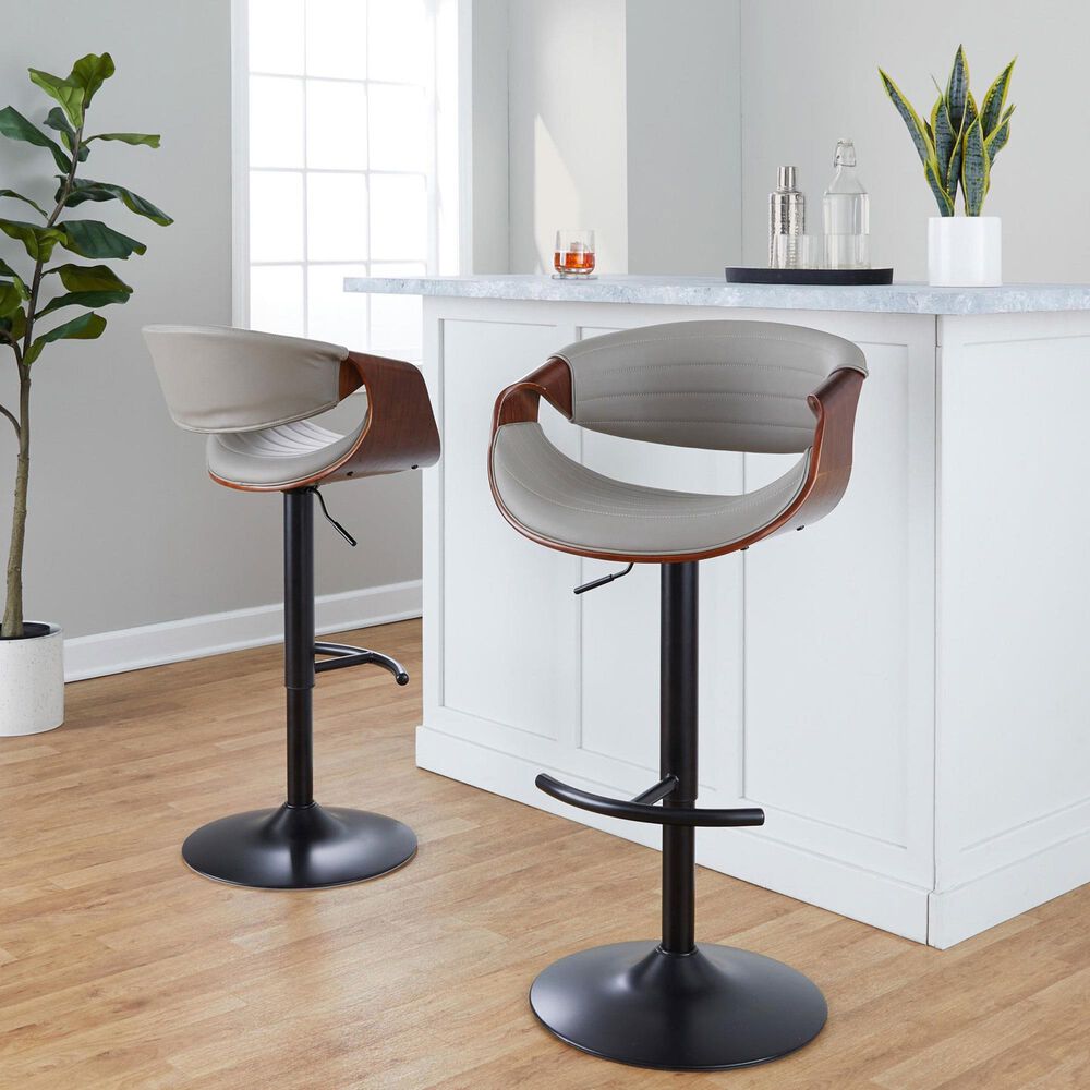 LumiSource Symphony Swivel Adjustable Bar Stool with Grey Upholstery in Walnut and Black (Set of 2), , large