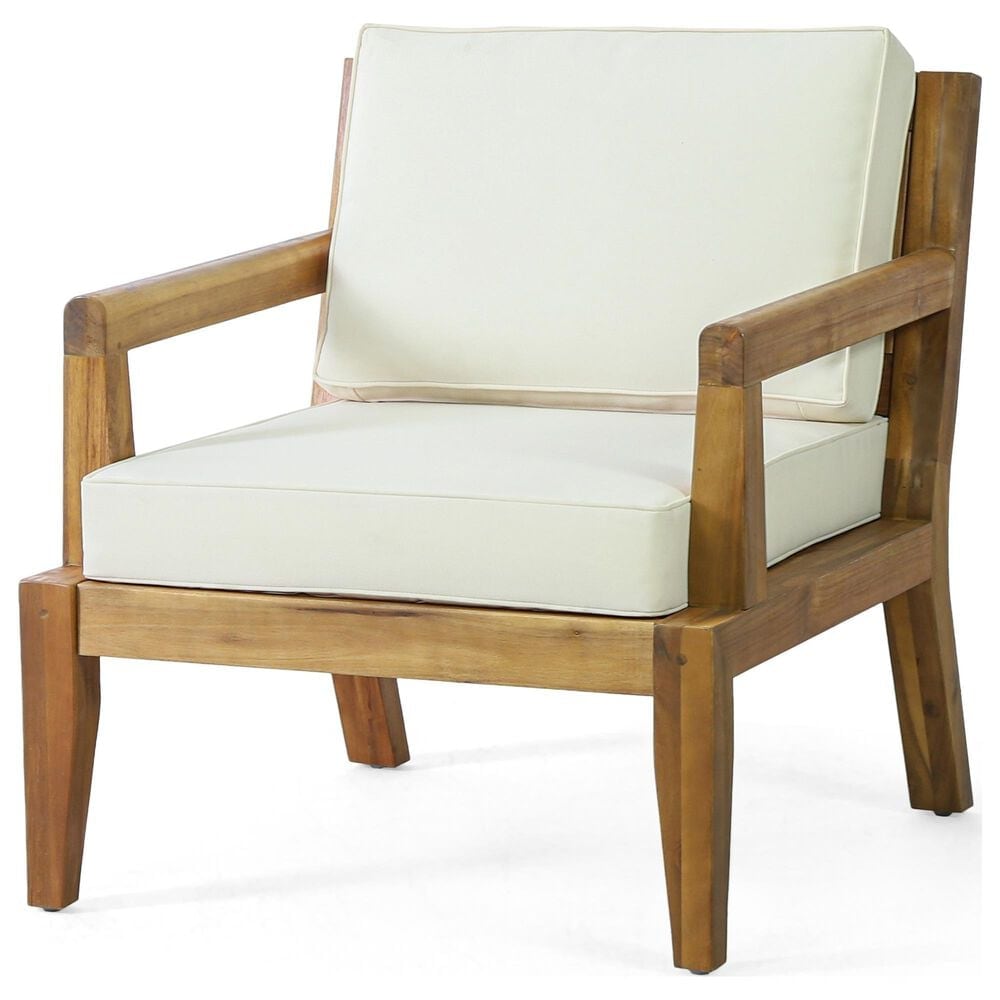 Hearth and Haven Outdoor Wood Club Chair with Beige Cushion in Teak, , large
