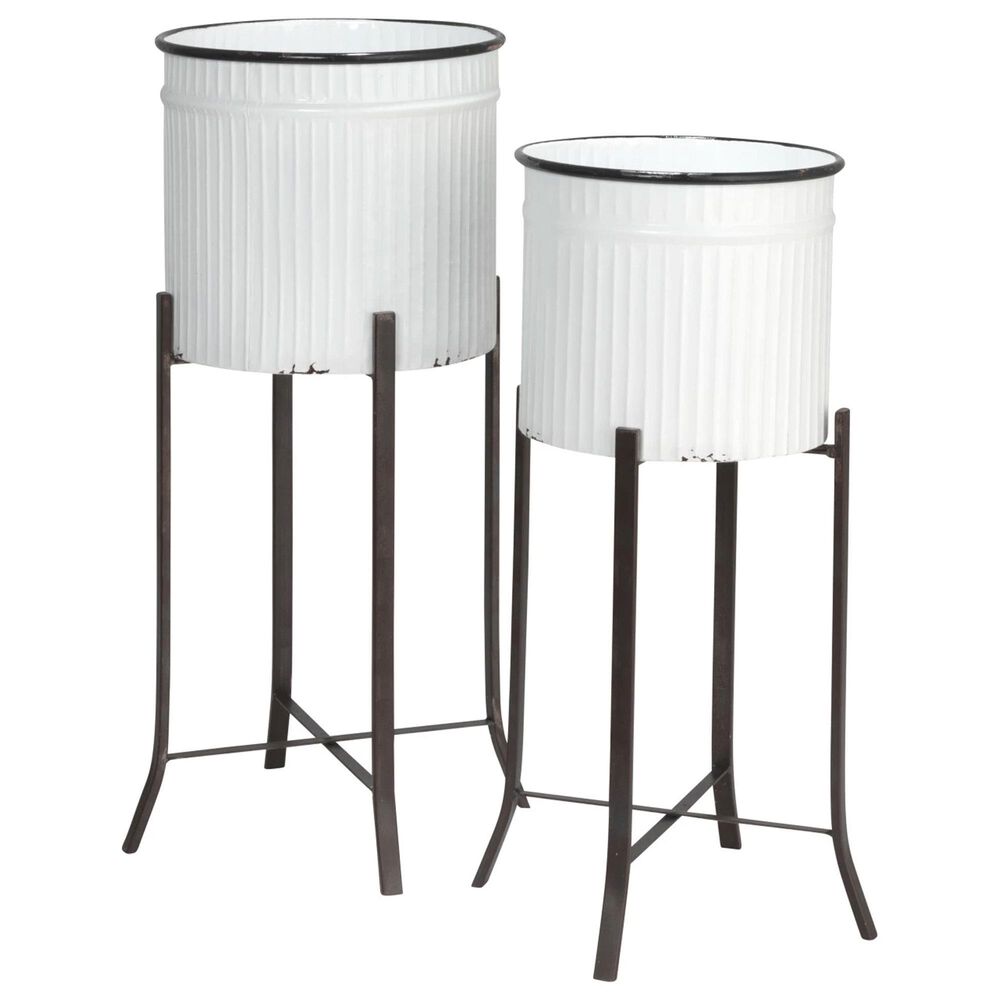 Creative Coop 2-Piece Round Metal Planter on Stand Set in White and Black, , large