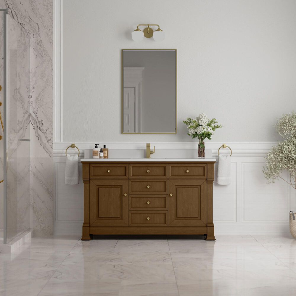 James Martin Vanities Brookfield 60" Single Bathroom Vanity in Honey Oak with Single Hole 3 cm White Zeus Quartz Top and Rectangular Sink, , large