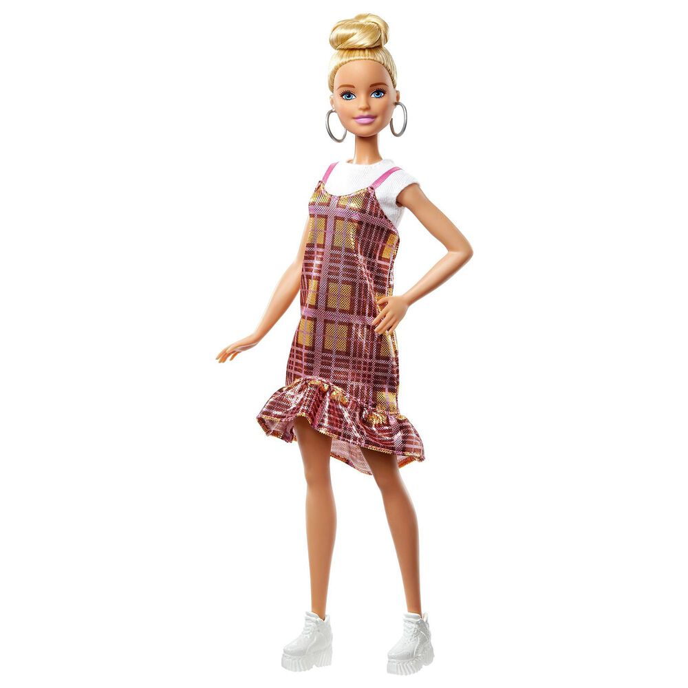Barbie Fashionista Blonde Updo Hair and Shimmery Plaid Dress, , large