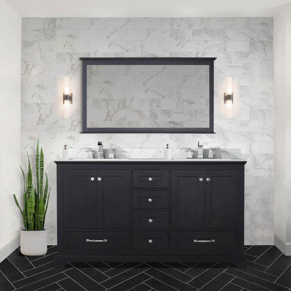 Lexora Home Dukes 60&quot; Double Bathroom Vanity in Espresso with 2 cm White Carrara Marble Top and Rectangular Sinks, , large