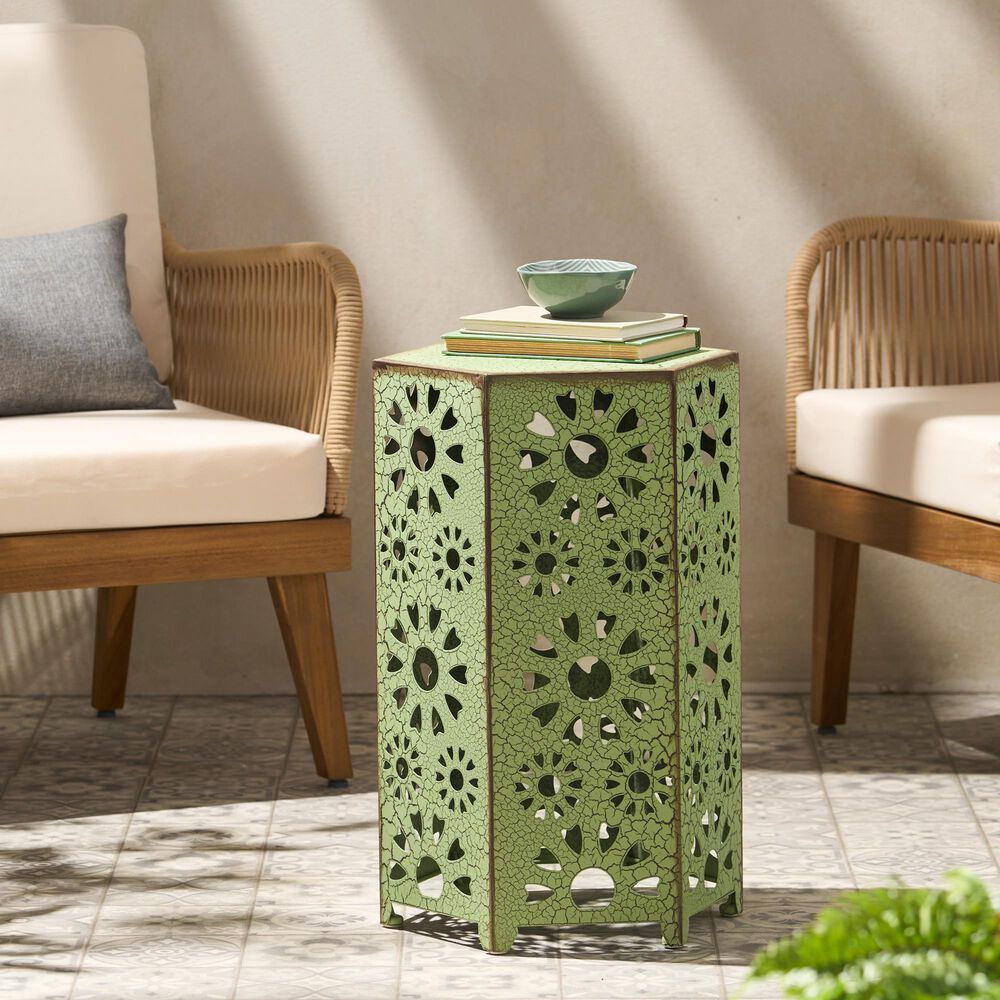Hearth and Haven Galore 14" Outdoor Hexagon Metal Side Table with Sunburst Cut Out Design in Green, , large