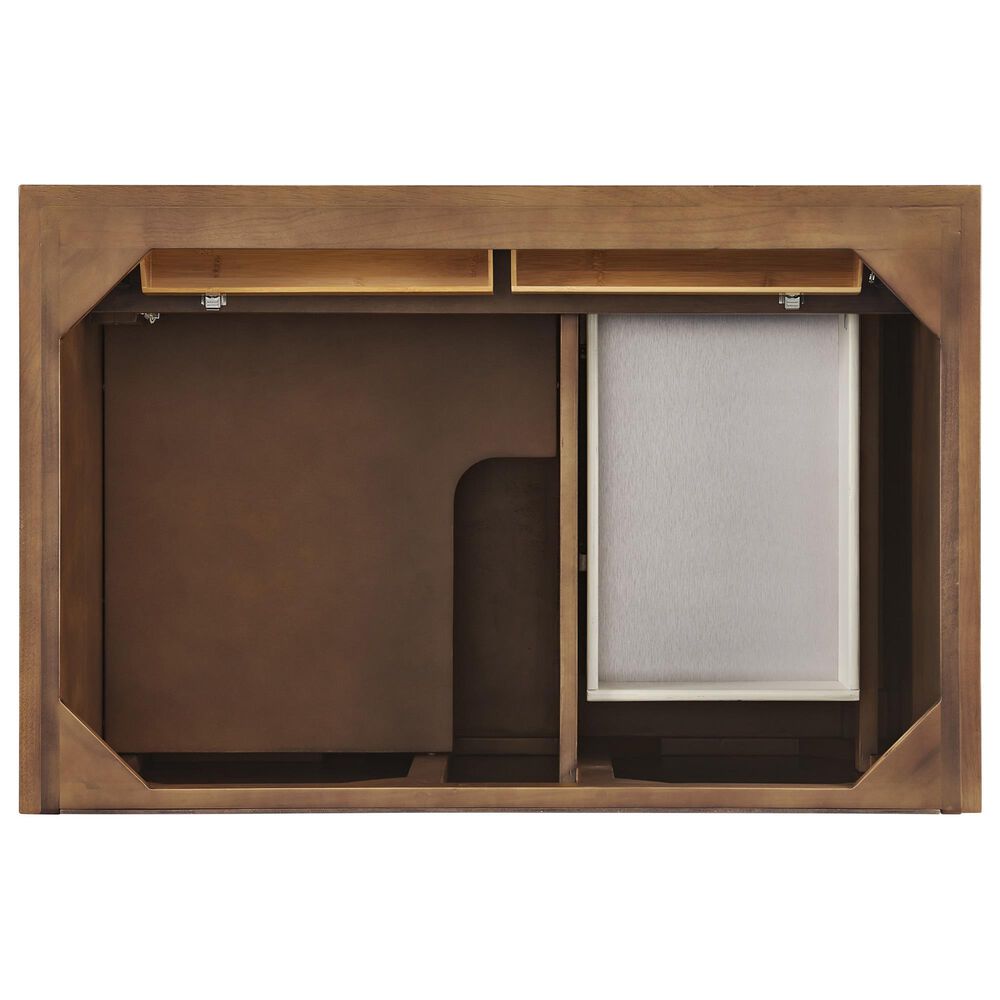 James Martin Vanities Lorelai 36&quot; Single Vanity in Mid-Century Walnut with Single Hole 3 cm and White Zeus Quartz Top &amp; Backsplash, , large