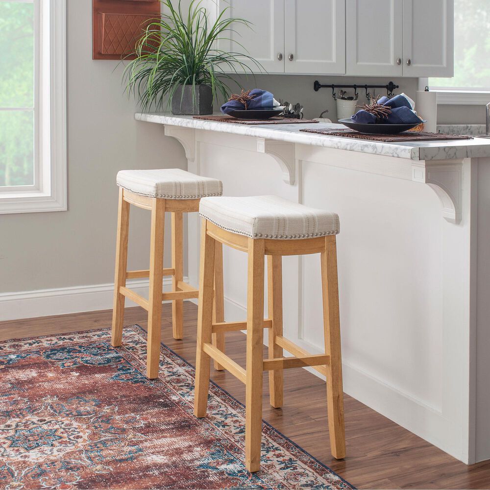 Linon Home Decor Claridge Bar Stool with Striped Beige Cushion in Rustic Brown, , large