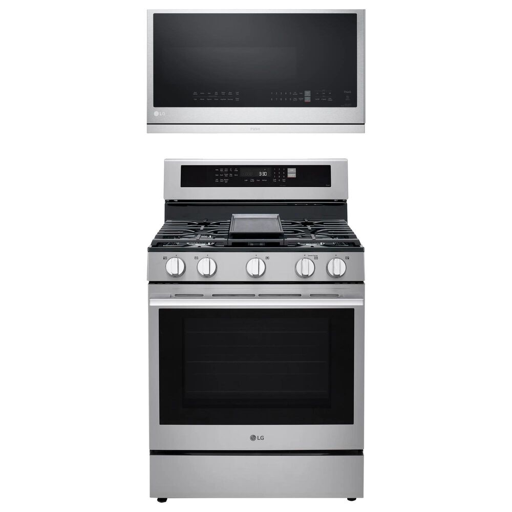 LG 2-Piece Kitchen Package with 6.3 Cu. Ft. Smart Freestanding Gas Range and 2.1 Cu. Ft. Smart Over-the-Range Microwave in Printproof Stainless Steel, , large