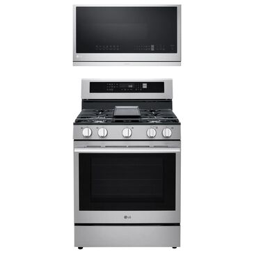 LG 2-Piece Kitchen Package with 6.3 Cu. Ft. Smart Freestanding Gas Range and 2.1 Cu. Ft. Smart Over-the-Range Microwave in Printproof Stainless Steel, , large