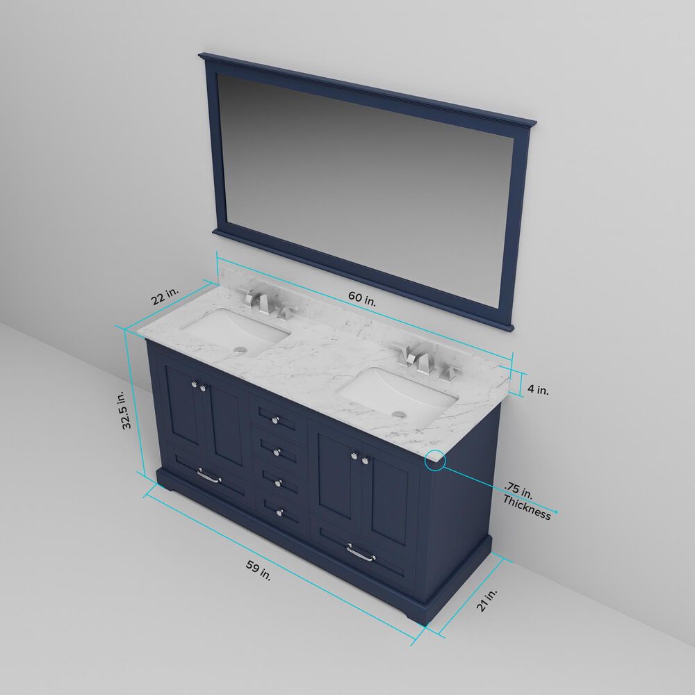 Lexora Home Dukes 60" Double Bathroom Vanity in Navy Blue with 2 cm White Quartz Top and Rectangular Sinks, , large