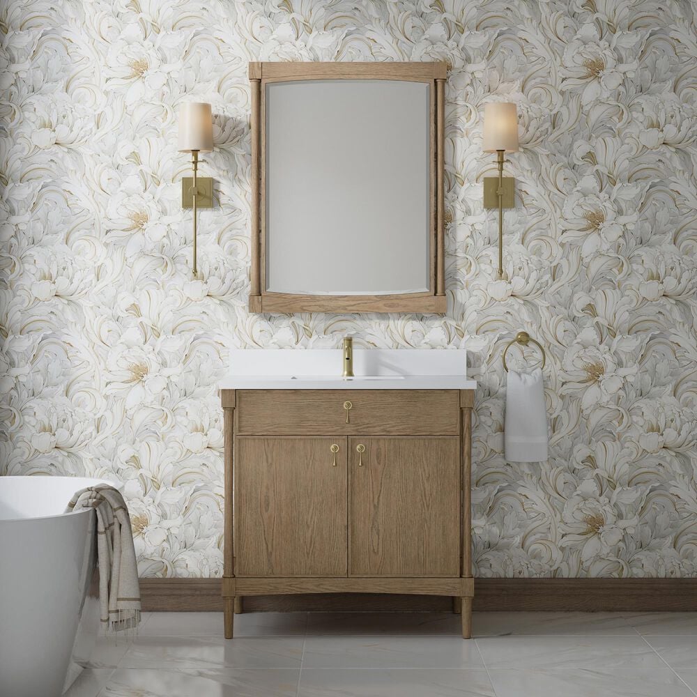 James Martin Kinnsden 36" Single Bathroom Vanity in Weathered Oak with Single Hole 3 cm White Zeus Silestone Top and Rectangular Sink, , large