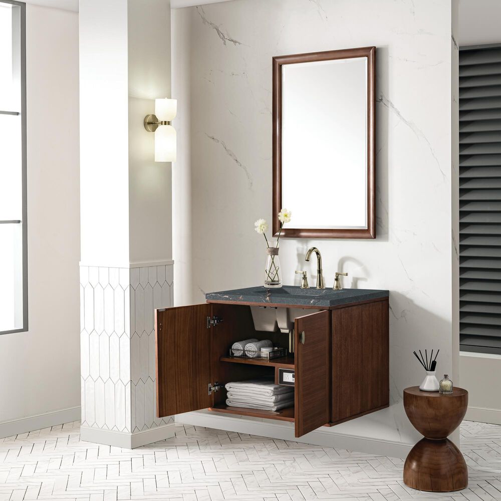 James Martin Vanities Amberly 30&quot; Single Bathroom Vanity in Mid-Century Walnut with 3 cm Parisien Bleu Quartz Top and Rectangular Sink, , large
