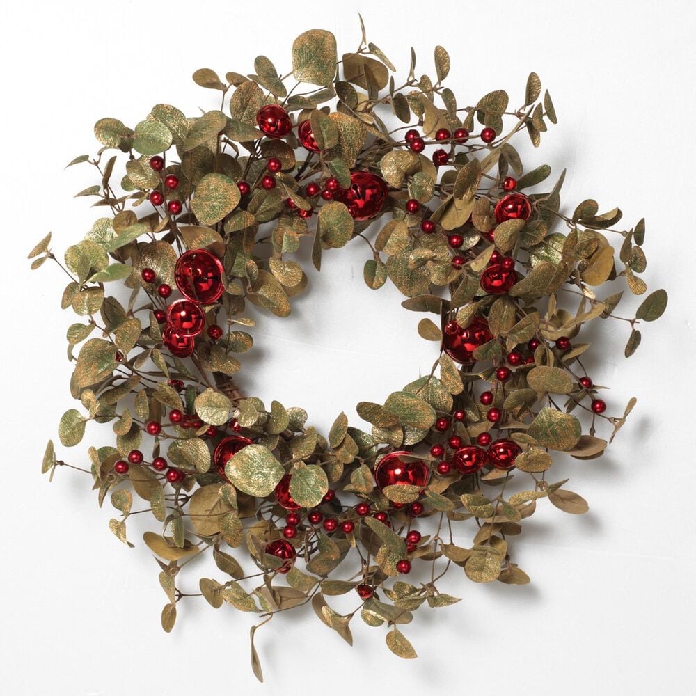 The Gerson Company 24" Eucalyptus Wreath with Bell, Berry in Green and Red, , large